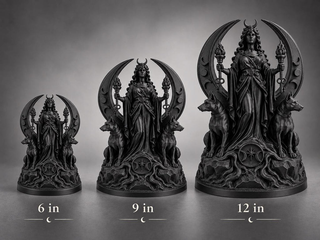 Size comparison of the 6, 9 and 12 in. Hecate moon portal statues