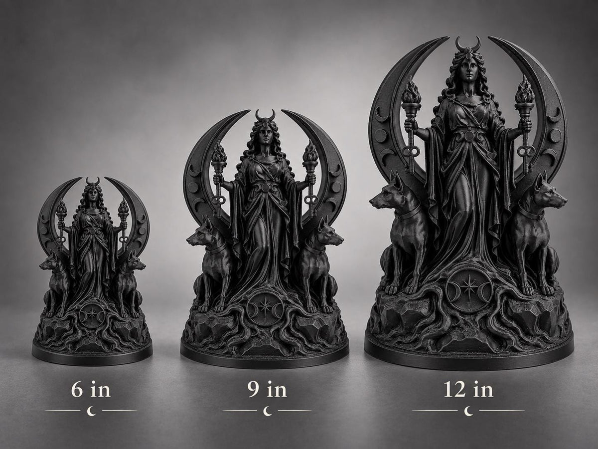 Size comparison of the 6, 9 and 12 in. Hecate moon portal statues