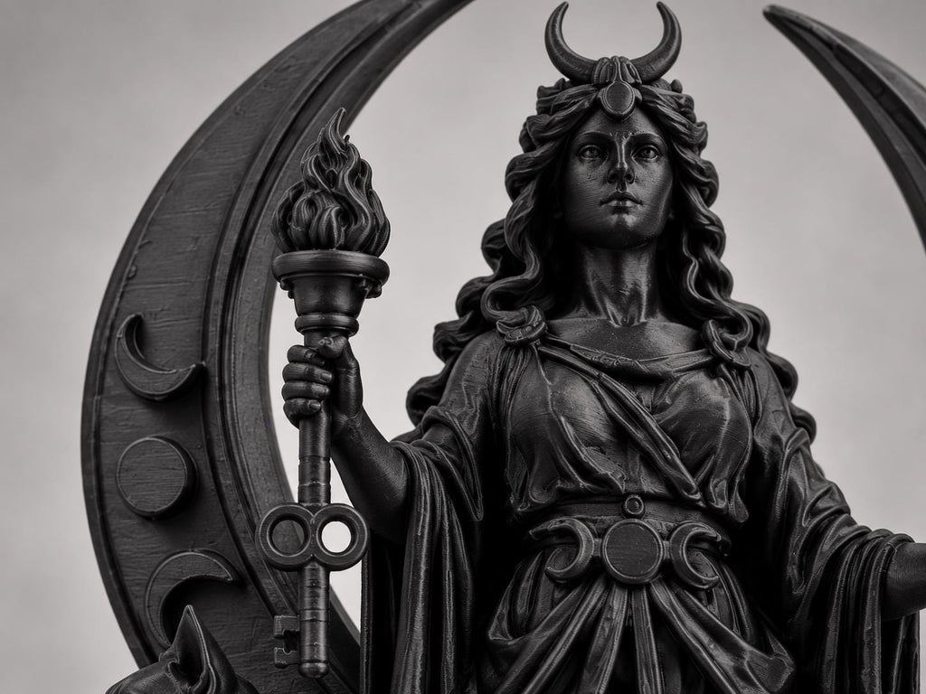 Close view of Hecate's crescent crown, torch and robed figure
