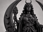 Close view of Hecate's crescent crown, torch and robed figure
