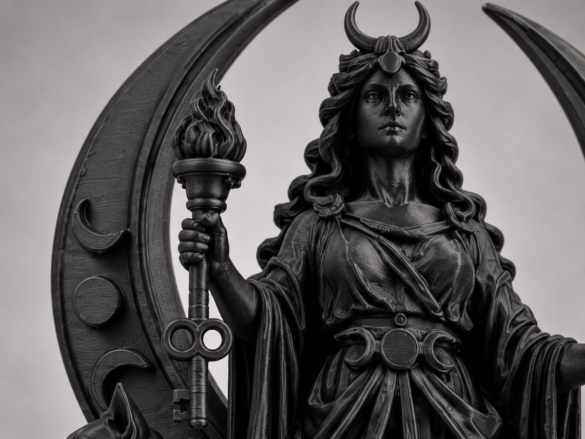 Close view of Hecate's crescent crown, torch and robed figure