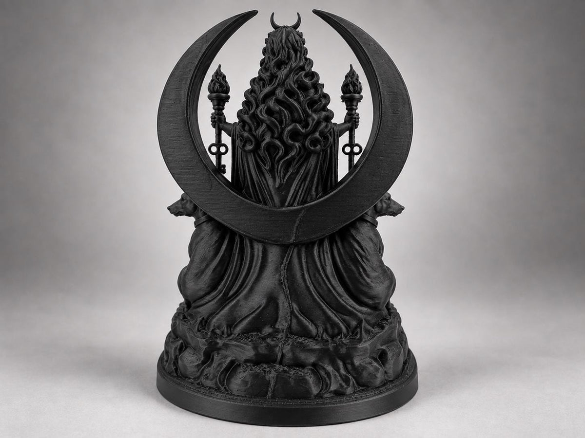 Back view of the Hecate statue showing the crescent portal and flowing hair