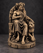 Front view of the gold Dionysus with his hand on the panther