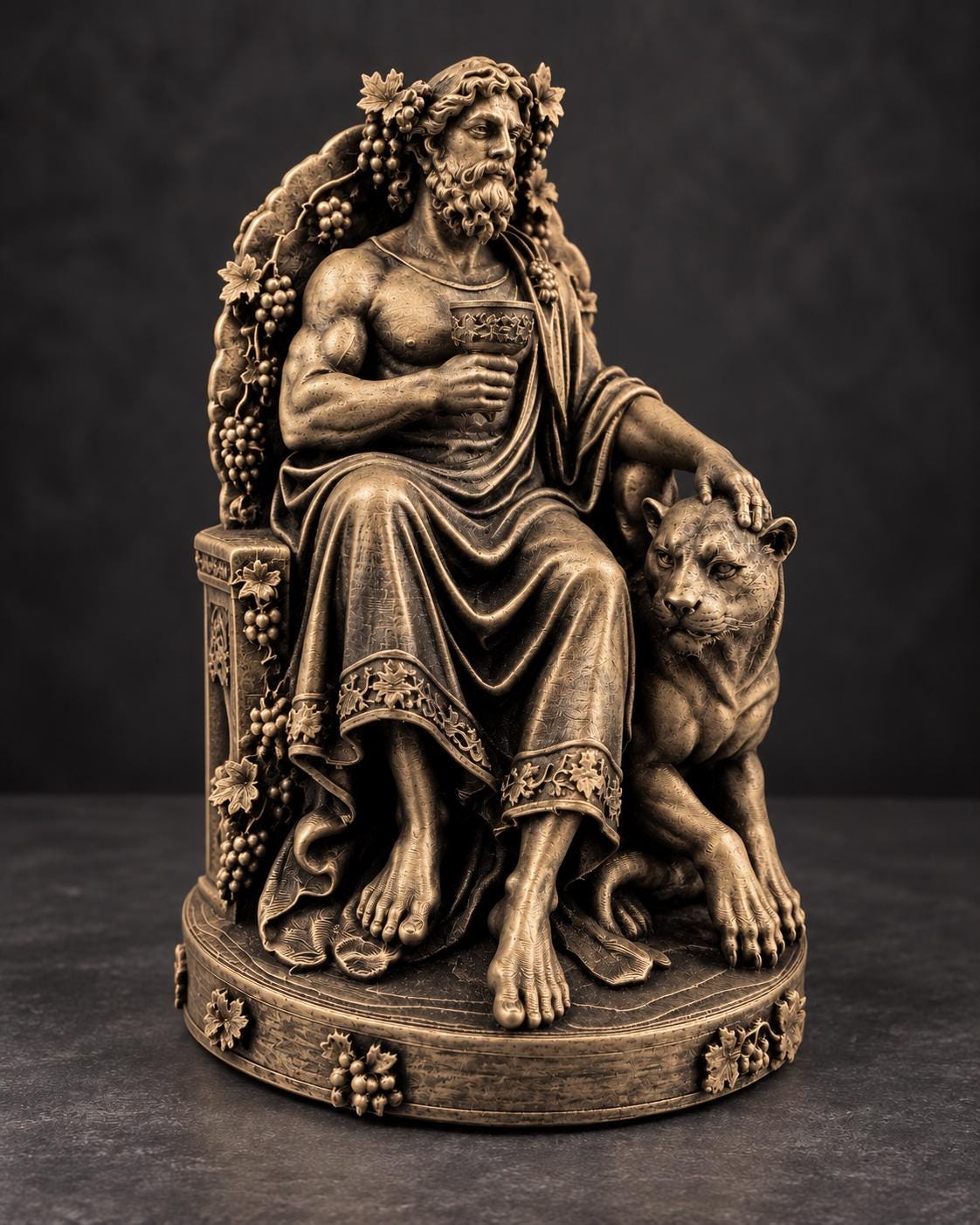 Front view of the gold Dionysus with his hand on the panther