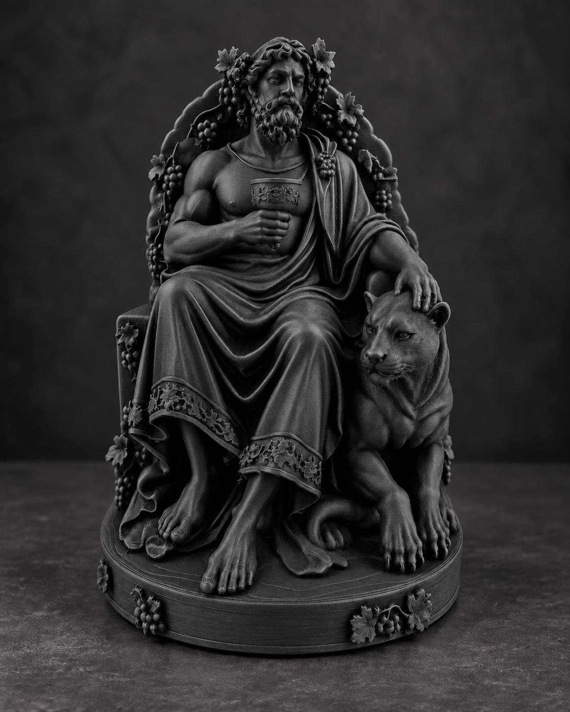 Angled view of the black finish Dionysus statue with panther