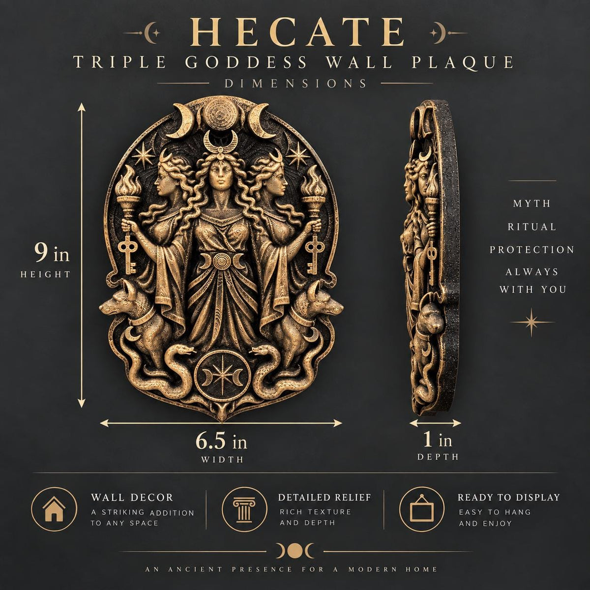 Dimension graphic of the Hecate plaque: 9 in. high, 6.5 in. wide, 1 in. deep