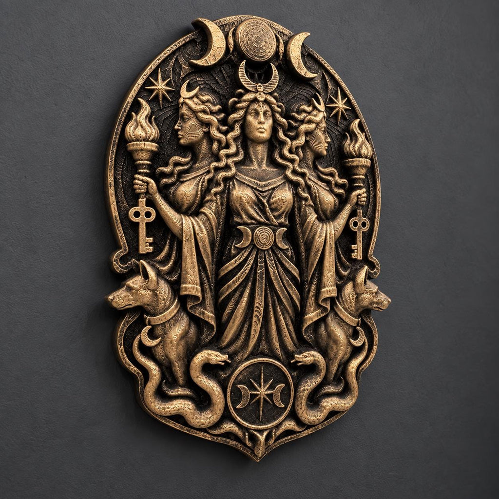 Right angle of the gold Hecate plaque showing relief depth