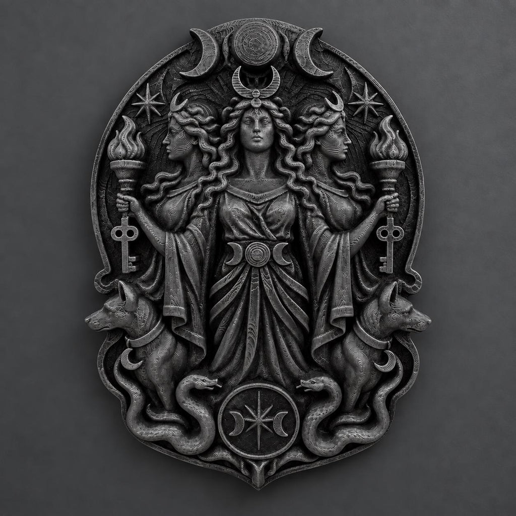 Front view of the black finish Hecate triple goddess plaque