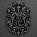 Front view of the black finish Hecate triple goddess plaque