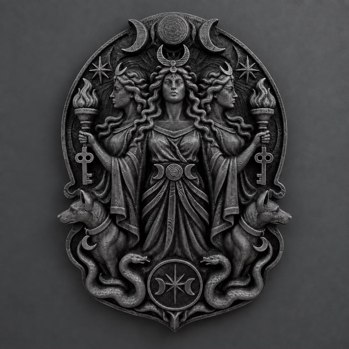 Front view of the black finish Hecate triple goddess plaque