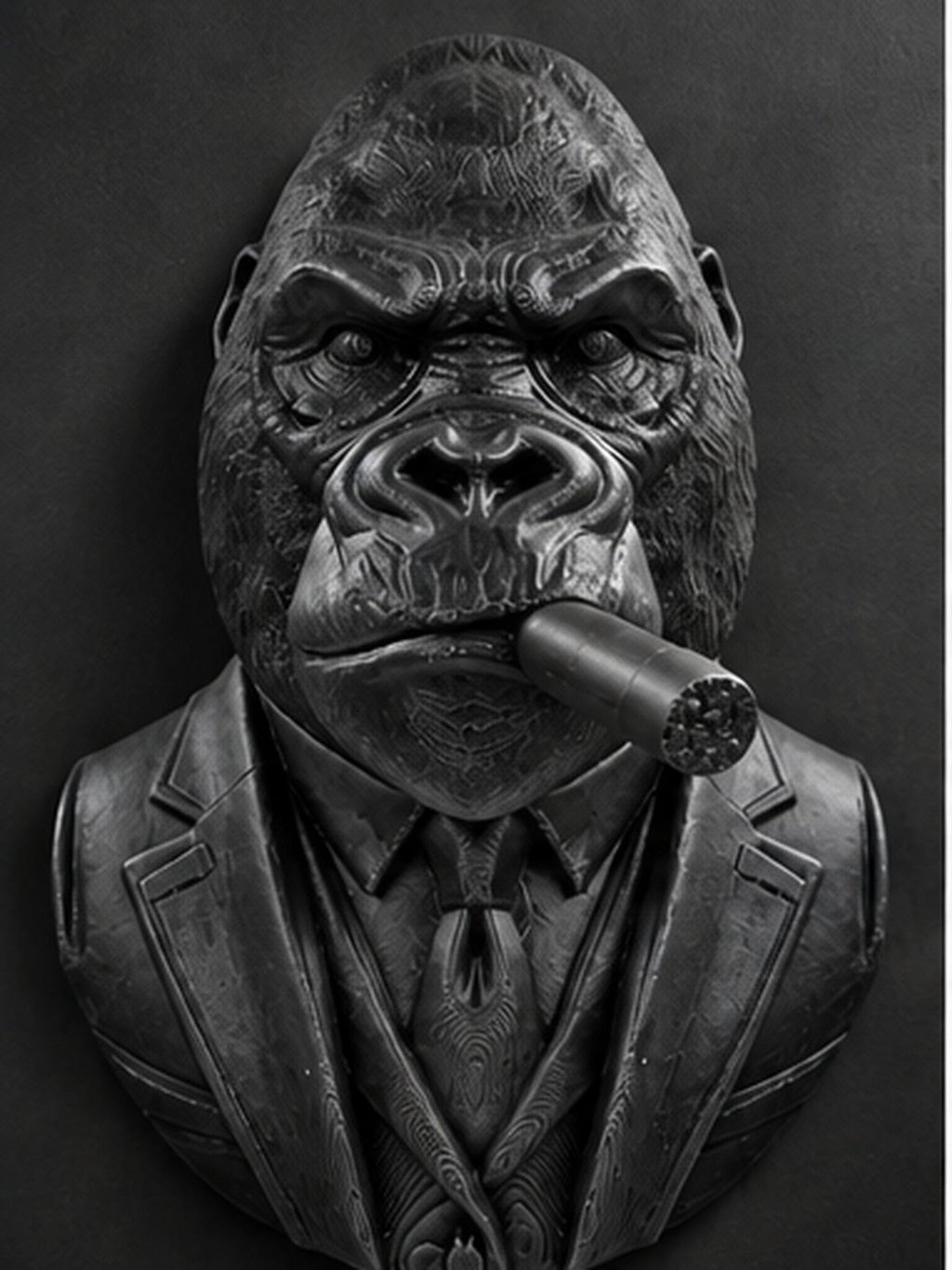 Front view of black gentleman gorilla bust in a suit and tie with a cigar