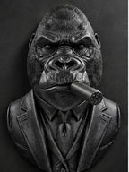 Front view of black gentleman gorilla bust in a suit and tie with a cigar