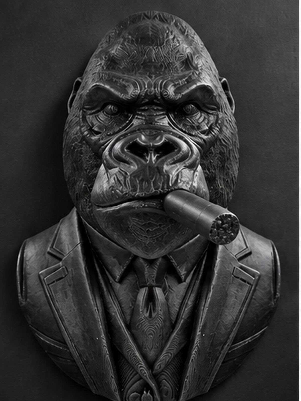 Front view of black gentleman gorilla bust in a suit and tie with a cigar