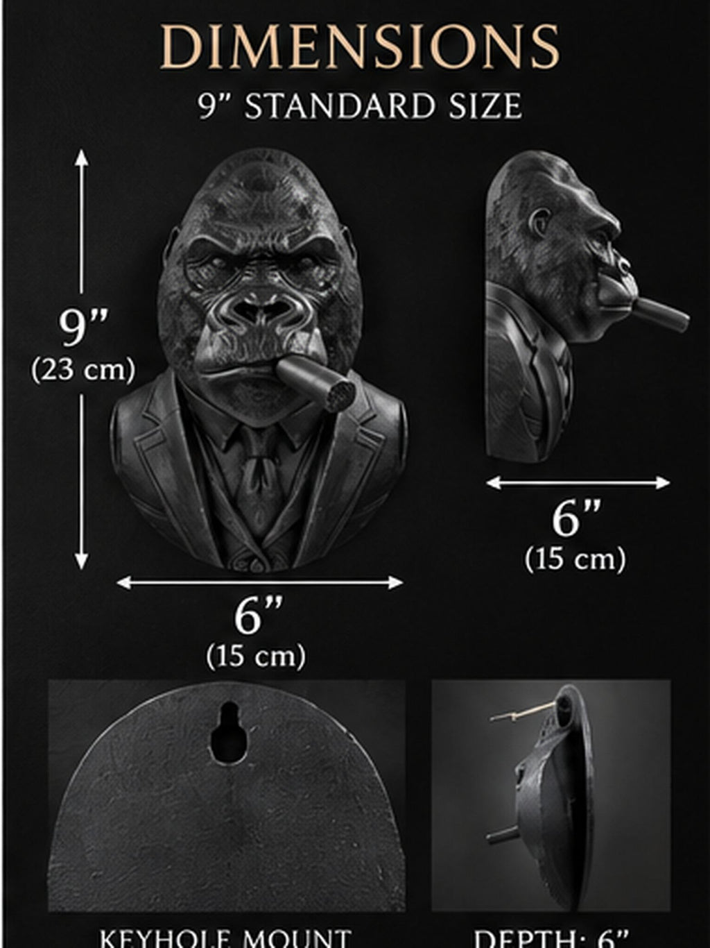 Dimension graphic of the 9 in. gorilla bust with keyhole mount views