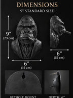 Dimension graphic of the 9 in. gorilla bust with keyhole mount views