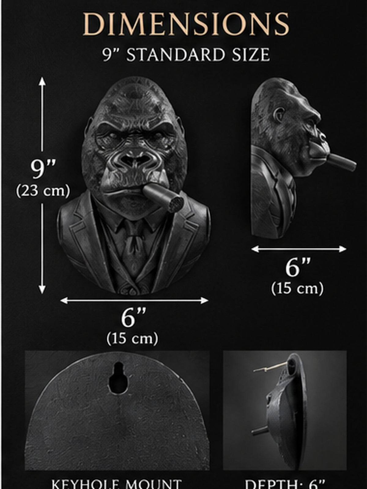 Dimension graphic of the 9 in. gorilla bust with keyhole mount views