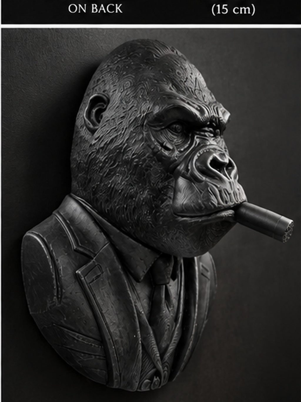 Left angle of the black gorilla bust showing the cigar and suit