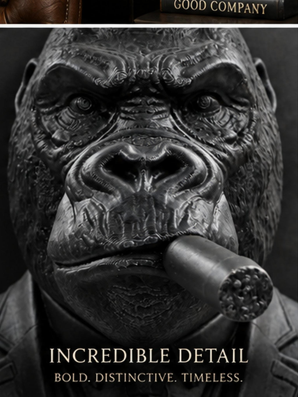 Close-up of the black gorilla's face and cigar
