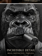 Close-up of the black gorilla's face and cigar