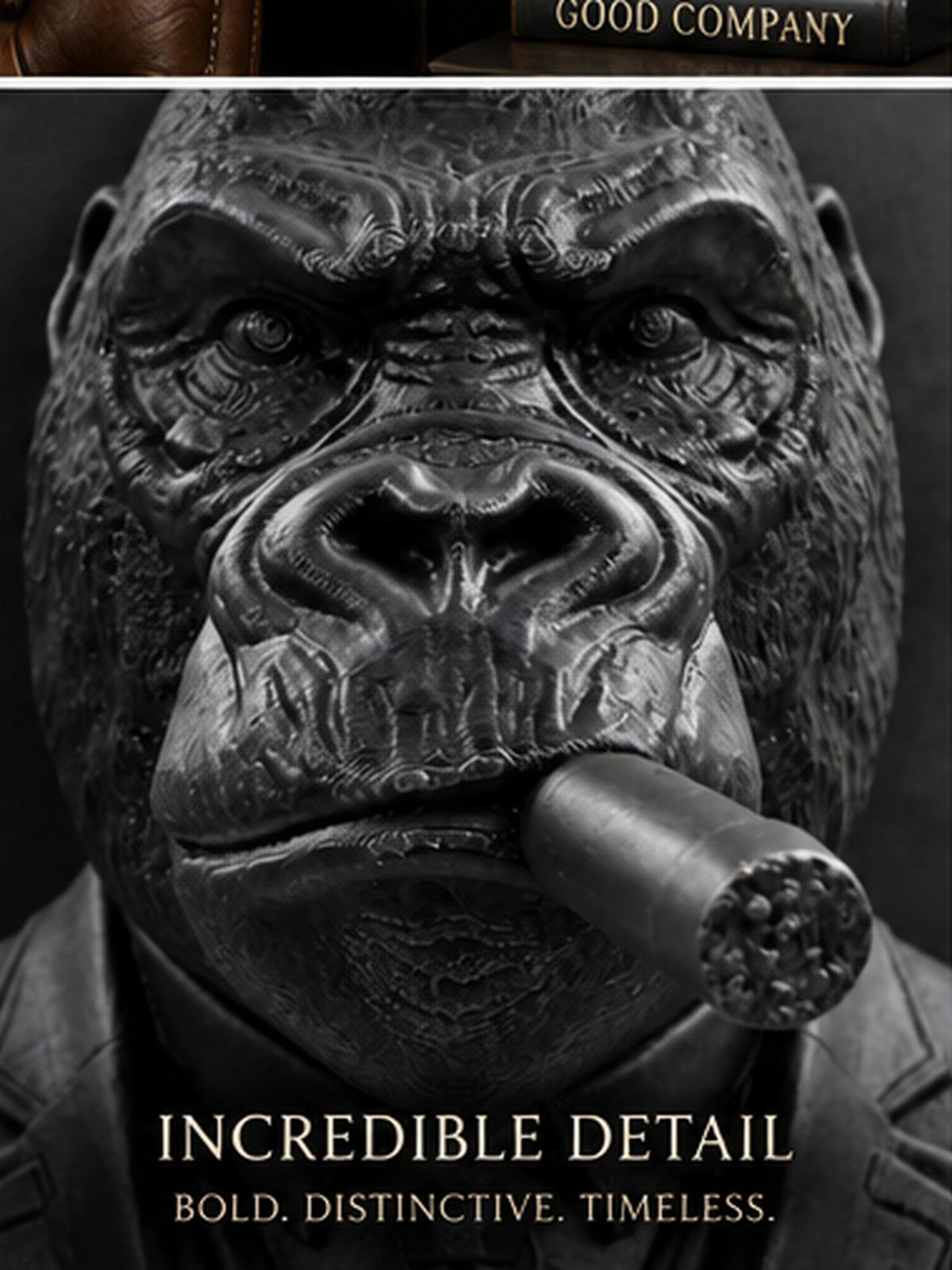 Close-up of the black gorilla's face and cigar