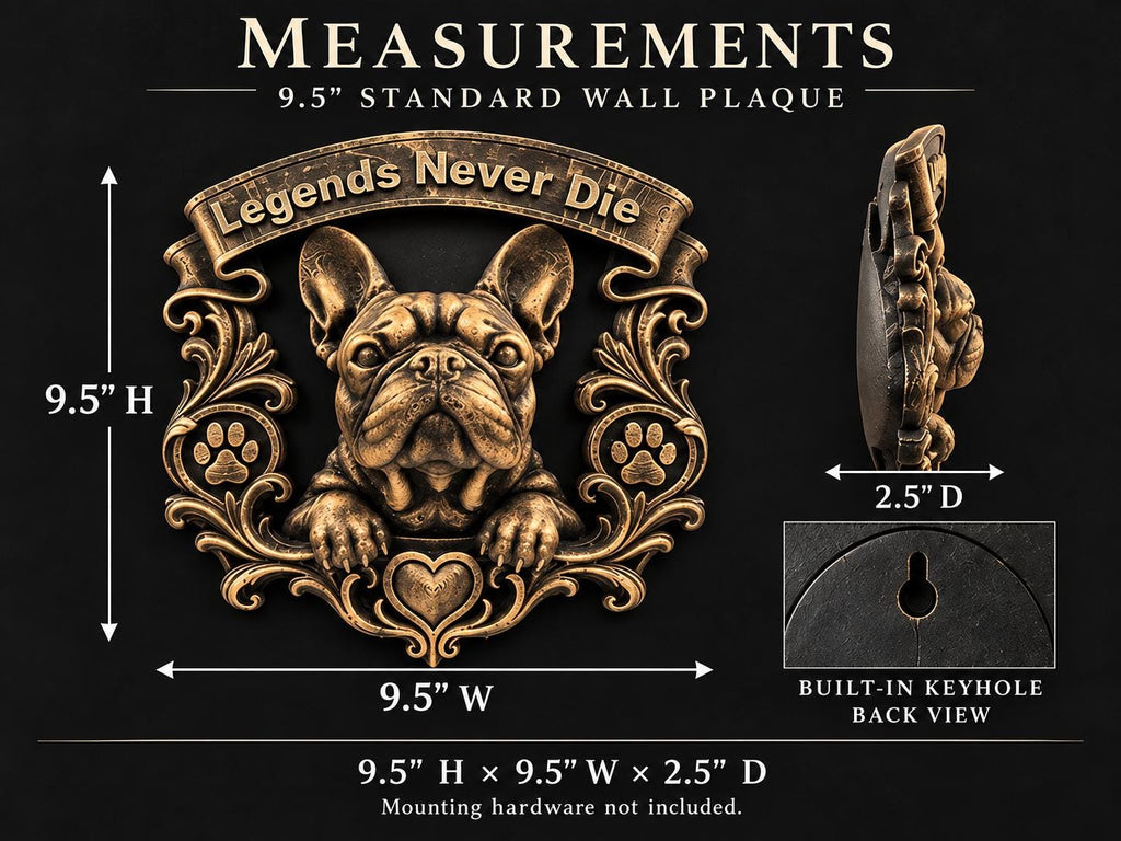 Measurement graphic of the 9.5 in. Frenchie plaque with keyhole back view
