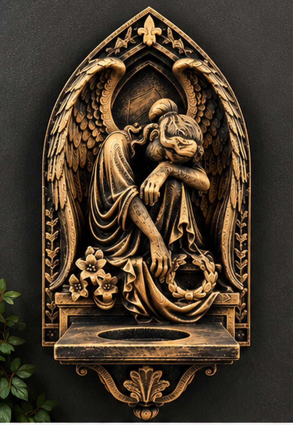 Front view of the gothic angel sconce with an empty tealight shelf