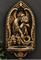 Front view of the gothic angel sconce with an empty tealight shelf
