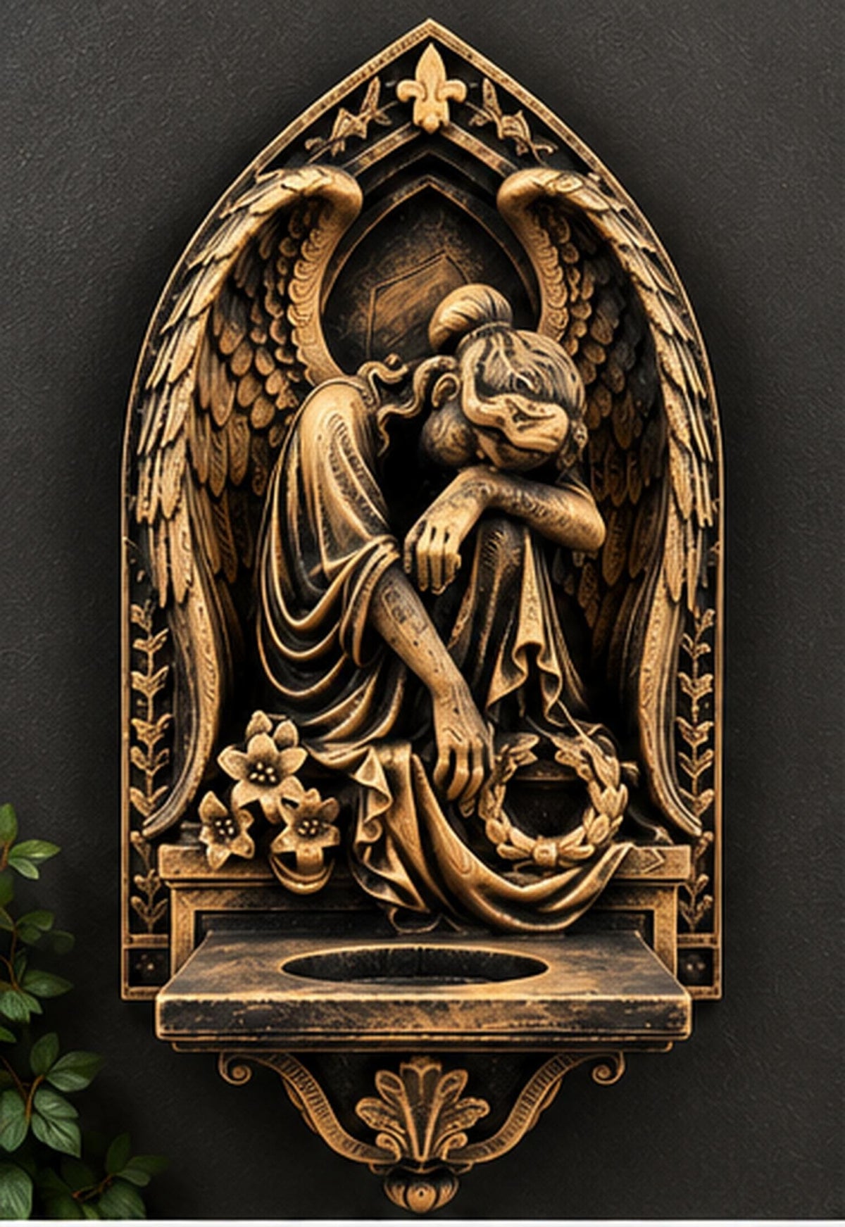 Front view of the gothic angel sconce with an empty tealight shelf