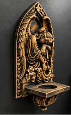 Angled view of the mourning angel sconce showing the projecting shelf