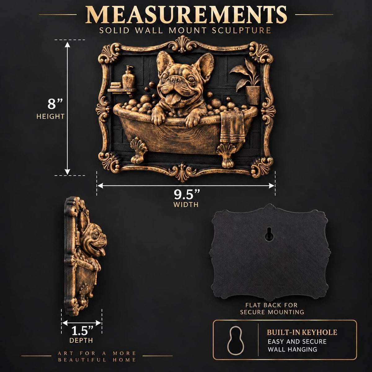 Measurement graphic: 8 in. high, 9.5 in. wide, 1.5 in. deep with keyhole back