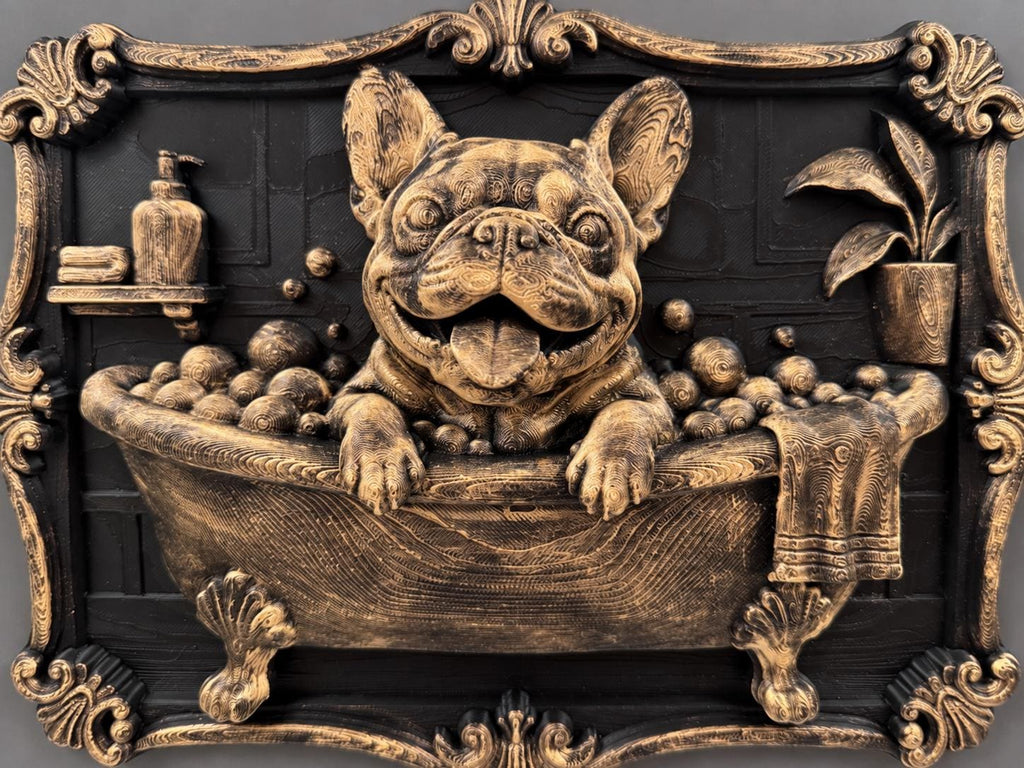 Close-up of the smiling French Bulldog's face over the bubbly tub