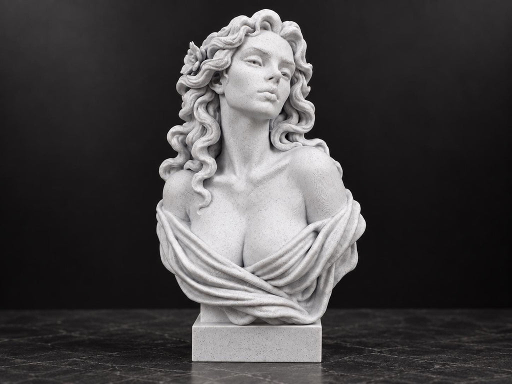 Front view of speckled white Aphrodite bust statue with wavy hair on a square base