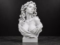 Front view of speckled white Aphrodite bust statue with wavy hair on a square base