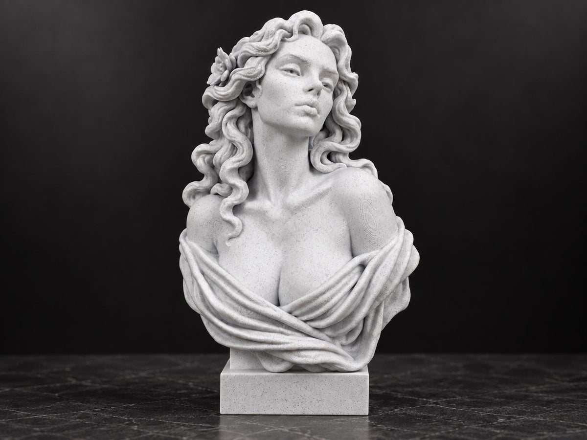 Front view of speckled white Aphrodite bust statue with wavy hair on a square base