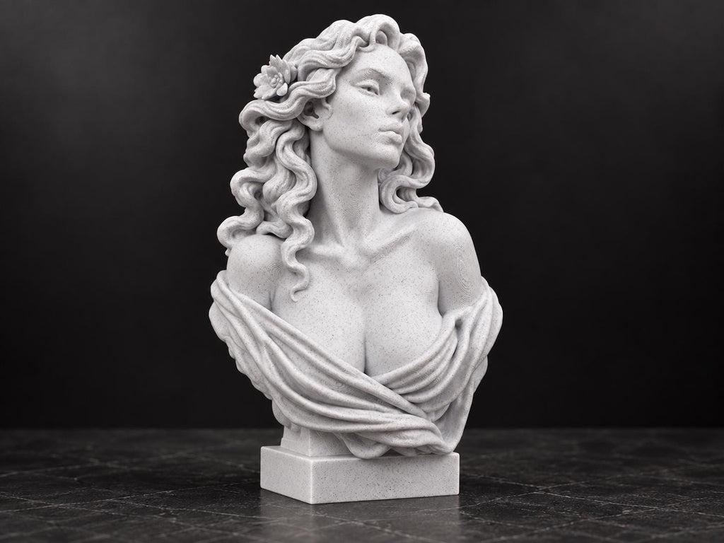 Angled view of the Aphrodite bust showing flowing hair and flower