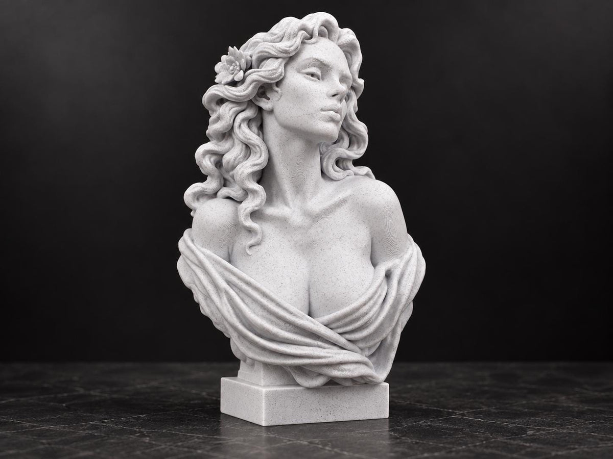 Angled view of the Aphrodite bust showing flowing hair and flower