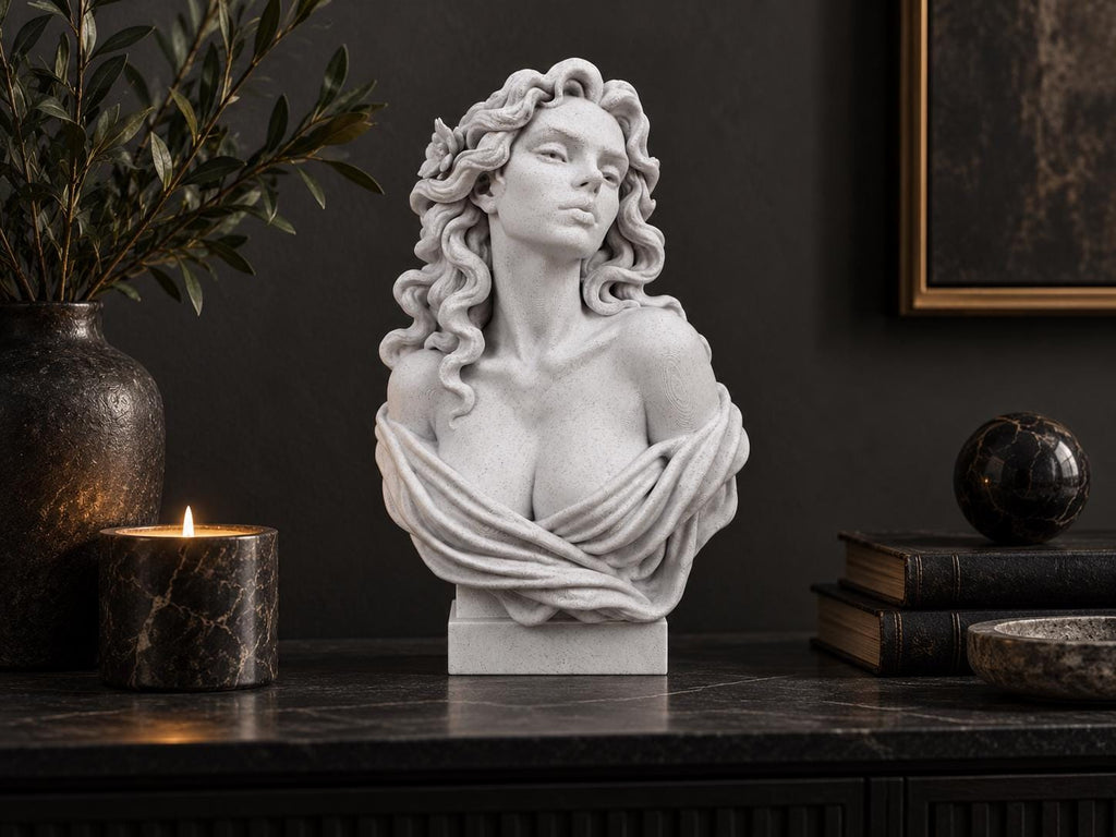 Aphrodite bust on a dark console beside a candle, vase and books