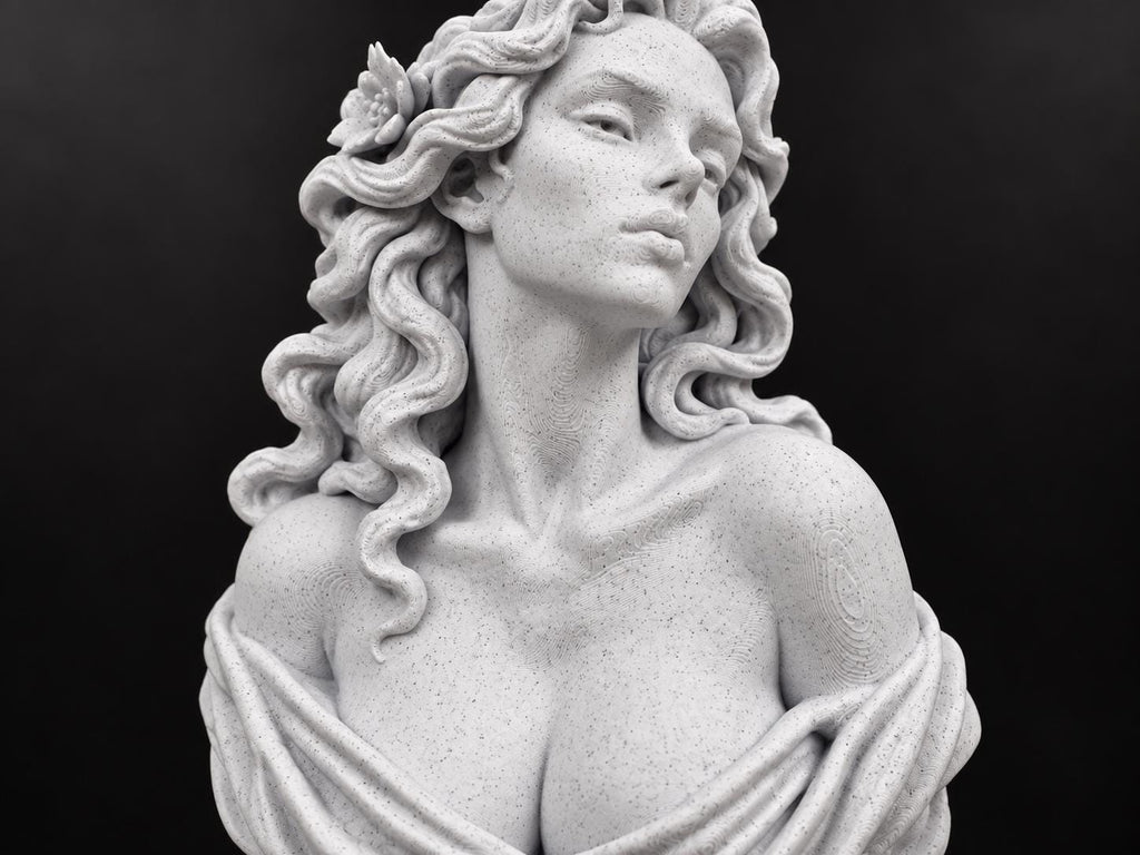 Close-up of Aphrodite's face, curls and draped shoulder
