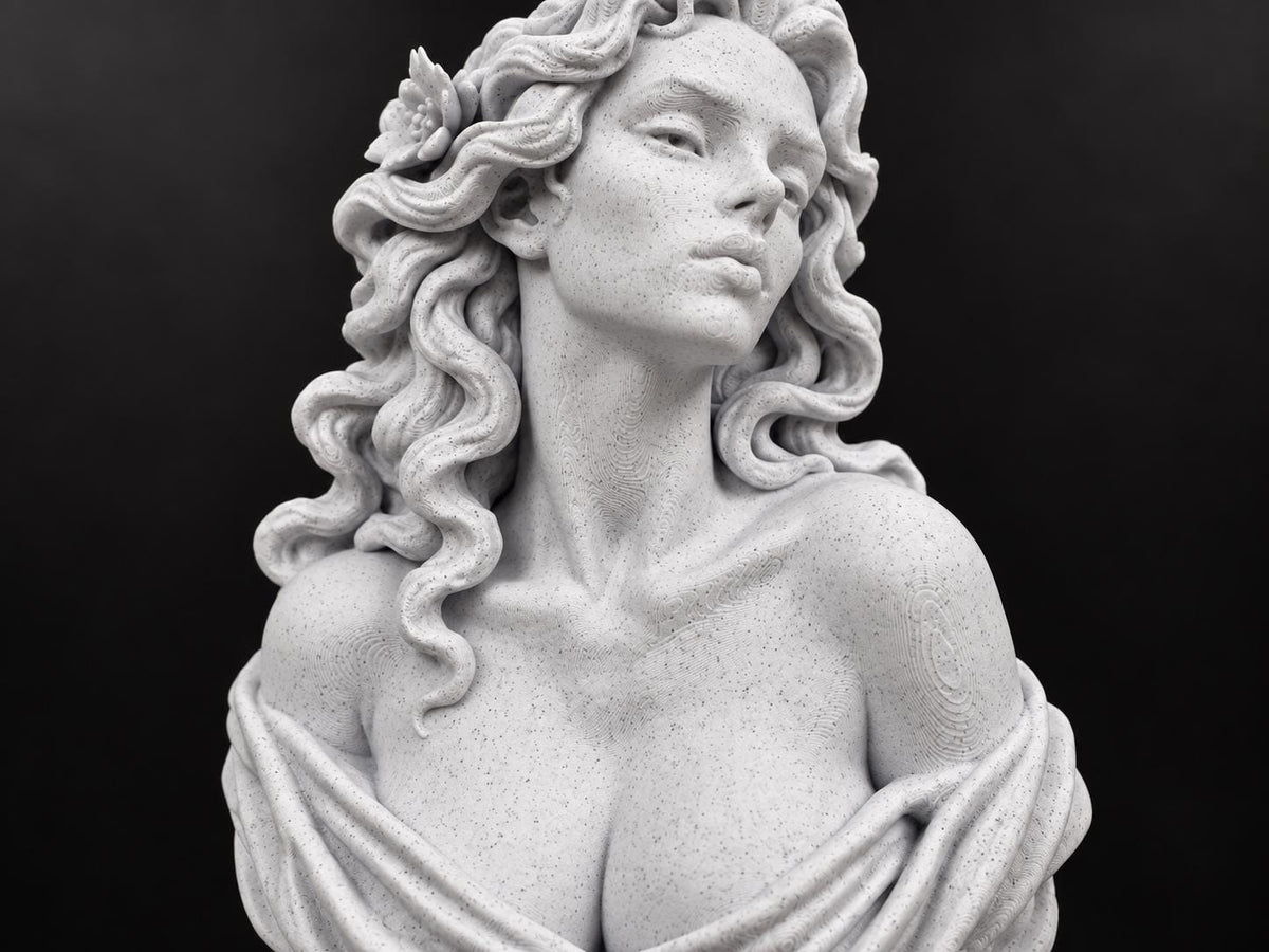 Close-up of Aphrodite's face, curls and draped shoulder