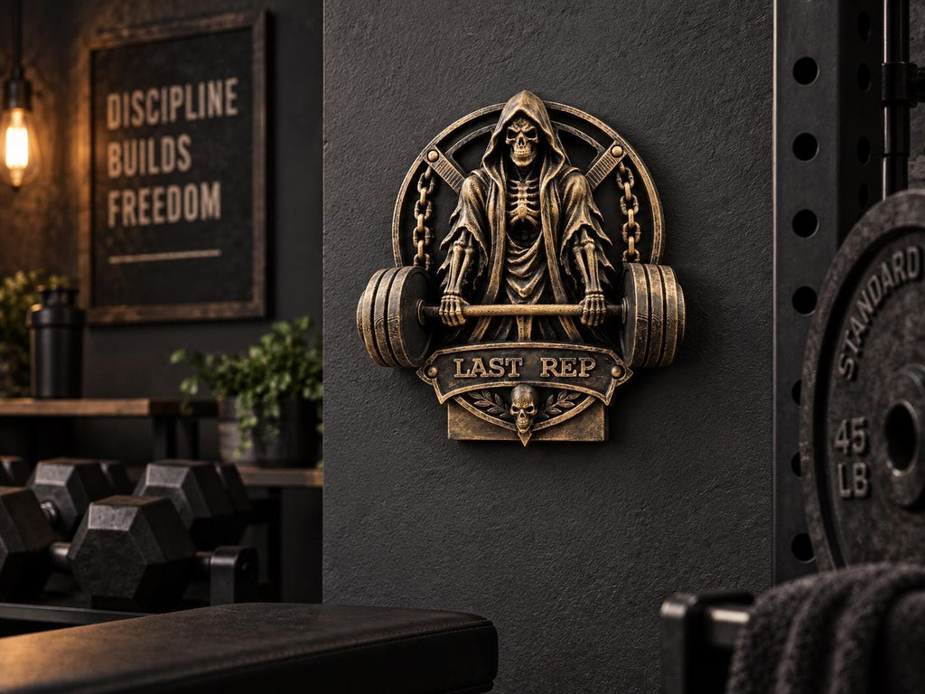 Grim reaper gym sculpture on a dark home gym wall beside weight plates