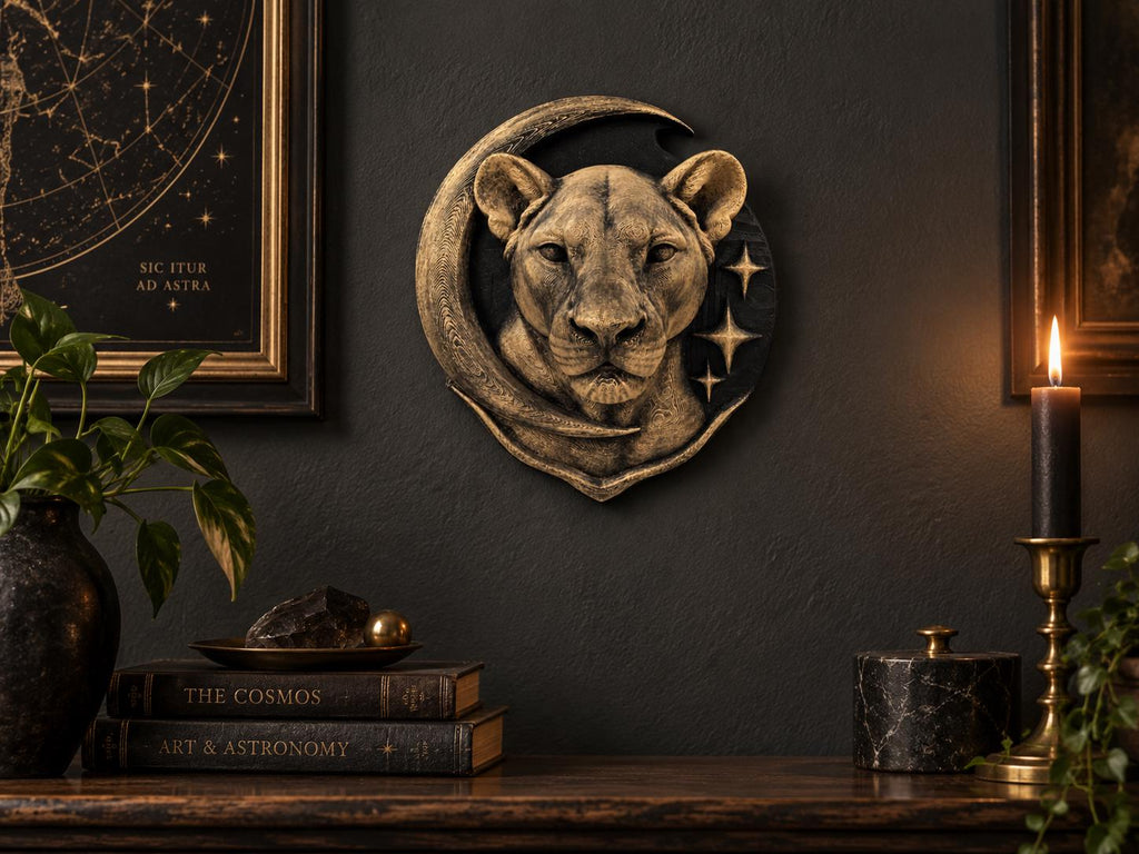 Celestial lioness sculpture on a dark wall above a candle and books