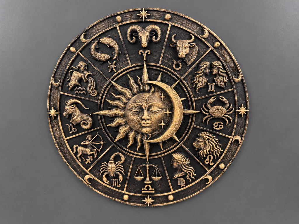 Front view of the zodiac wheel on a gray background