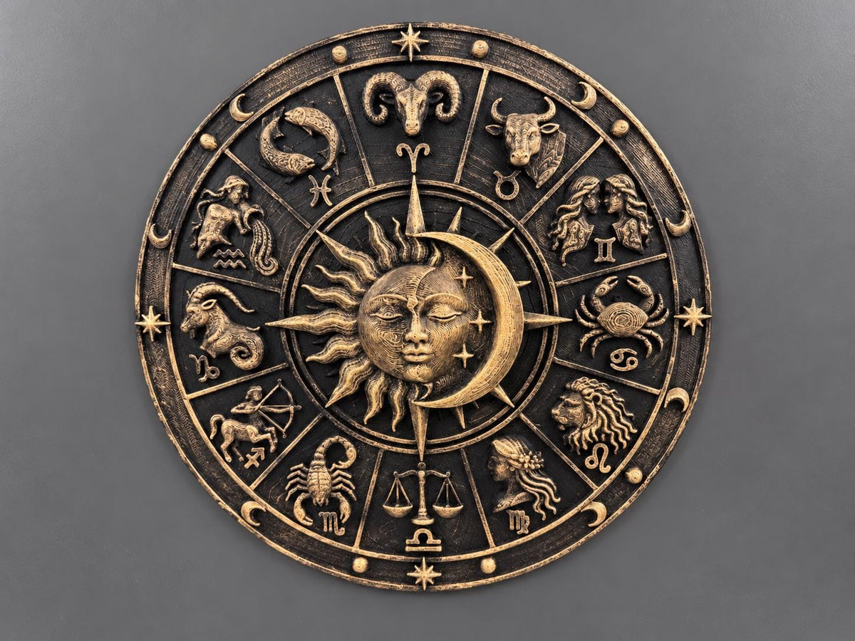 Front view of the zodiac wheel on a gray background