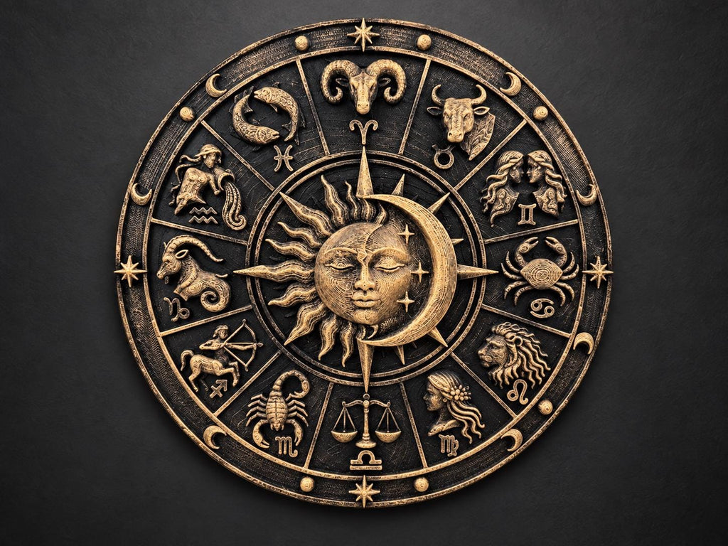 Front view of the gold sun and moon zodiac plaque on a dark background