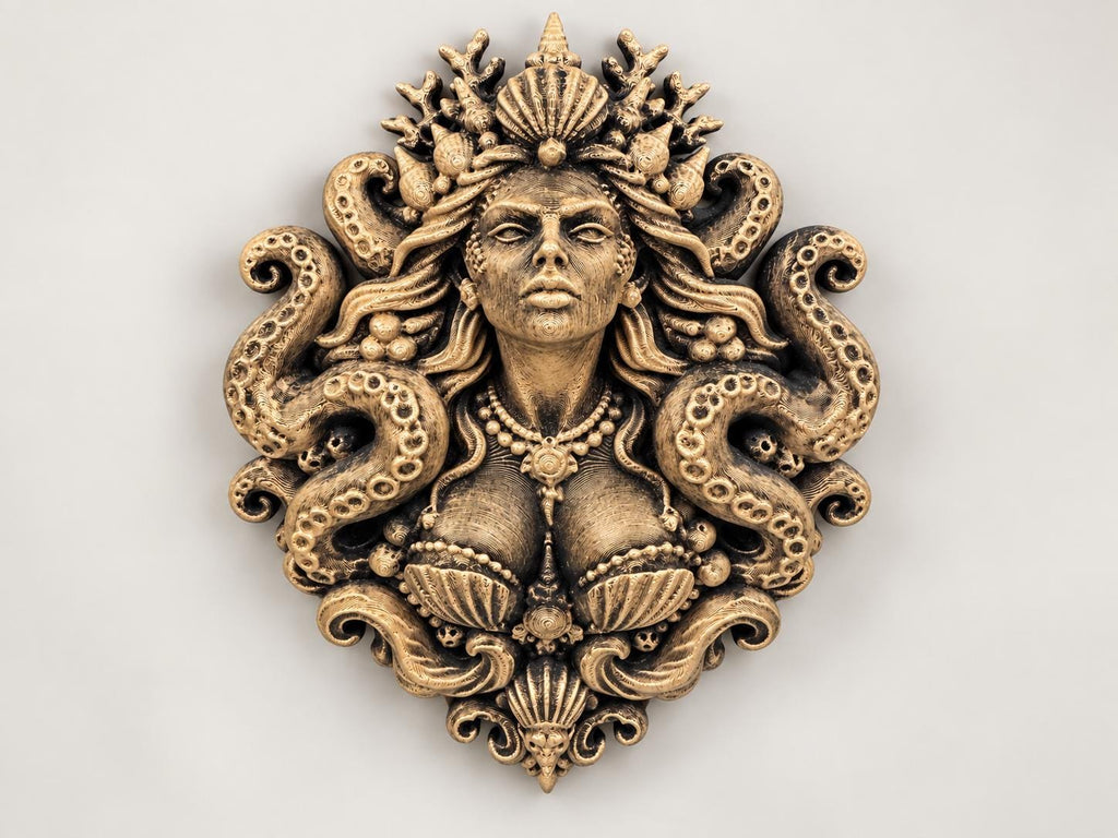 Front view of the gold sea goddess sculpture on a white background