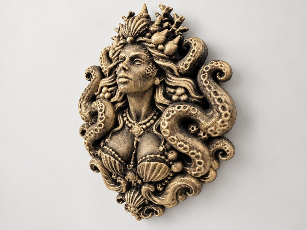 Right angle of the siren sculpture showing face and shell detail
