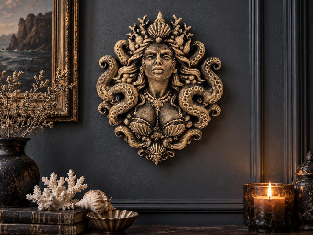 Siren Queen sculpture on a dark wall above coral, shells and a candle