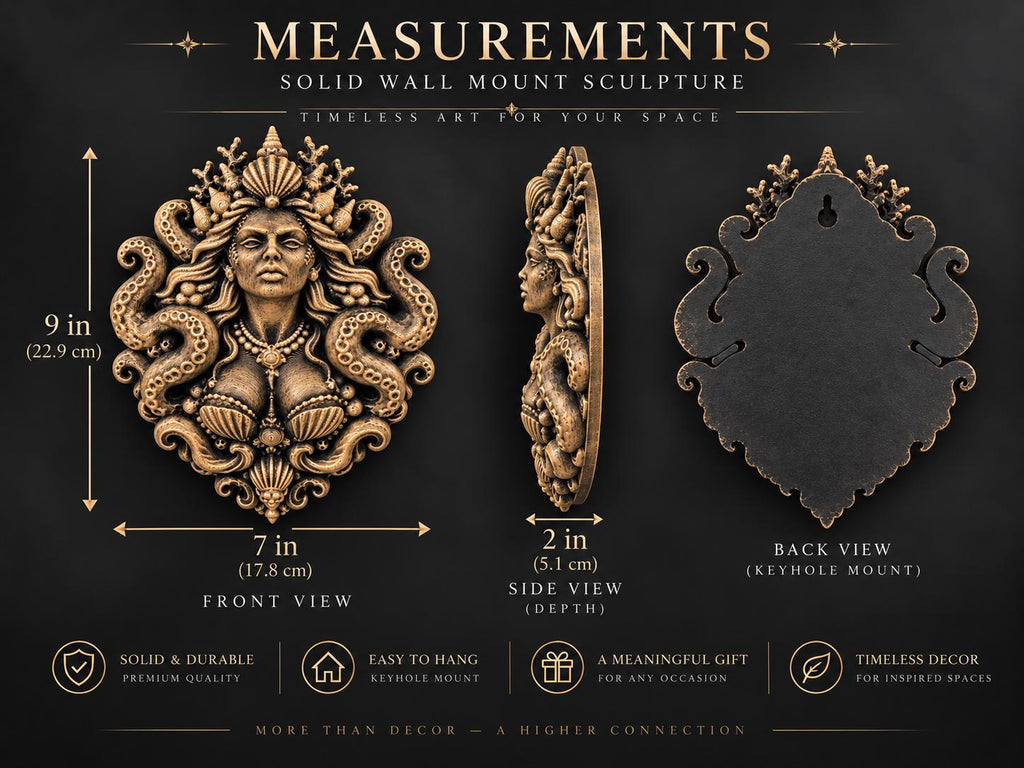 Measurement graphic of the Siren Queen: 9 in. high, 7 in. wide, 2 in. deep