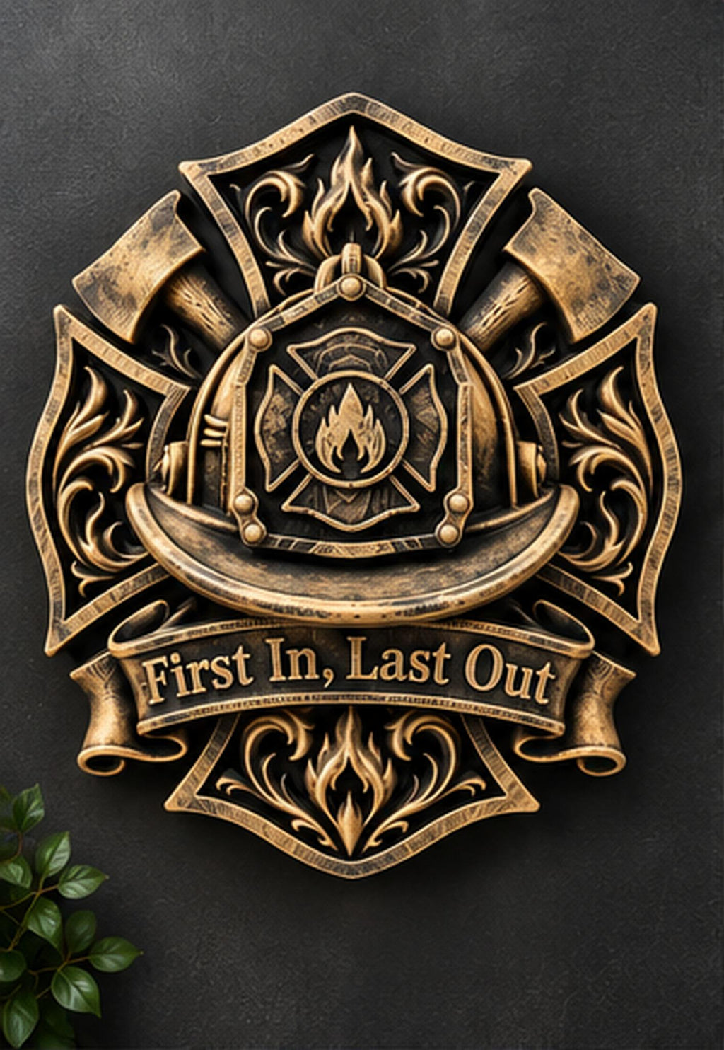 Front view of antique gold First In Last Out firefighter plaque with helmet and Maltese cross