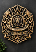 Front view of antique gold First In Last Out firefighter plaque with helmet and Maltese cross